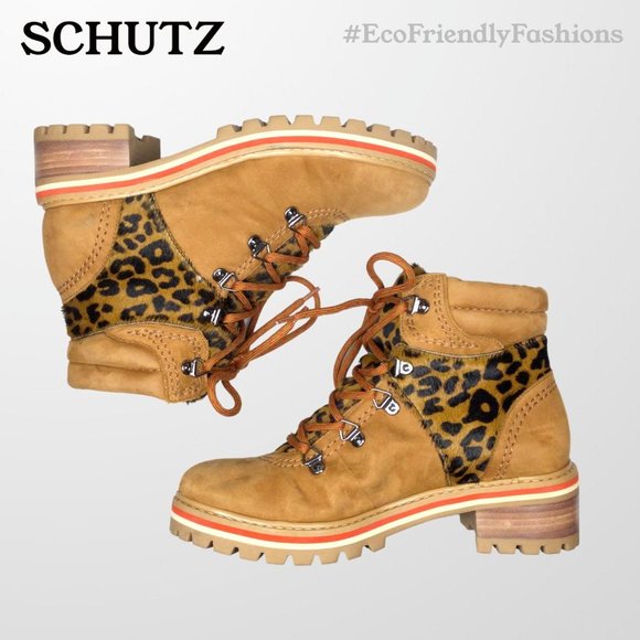 Schutz Keida Womens Brown Lug Sole Leopard Calf Hair Trim Hiking Boots Size 6.5B - Picture 5 of 7